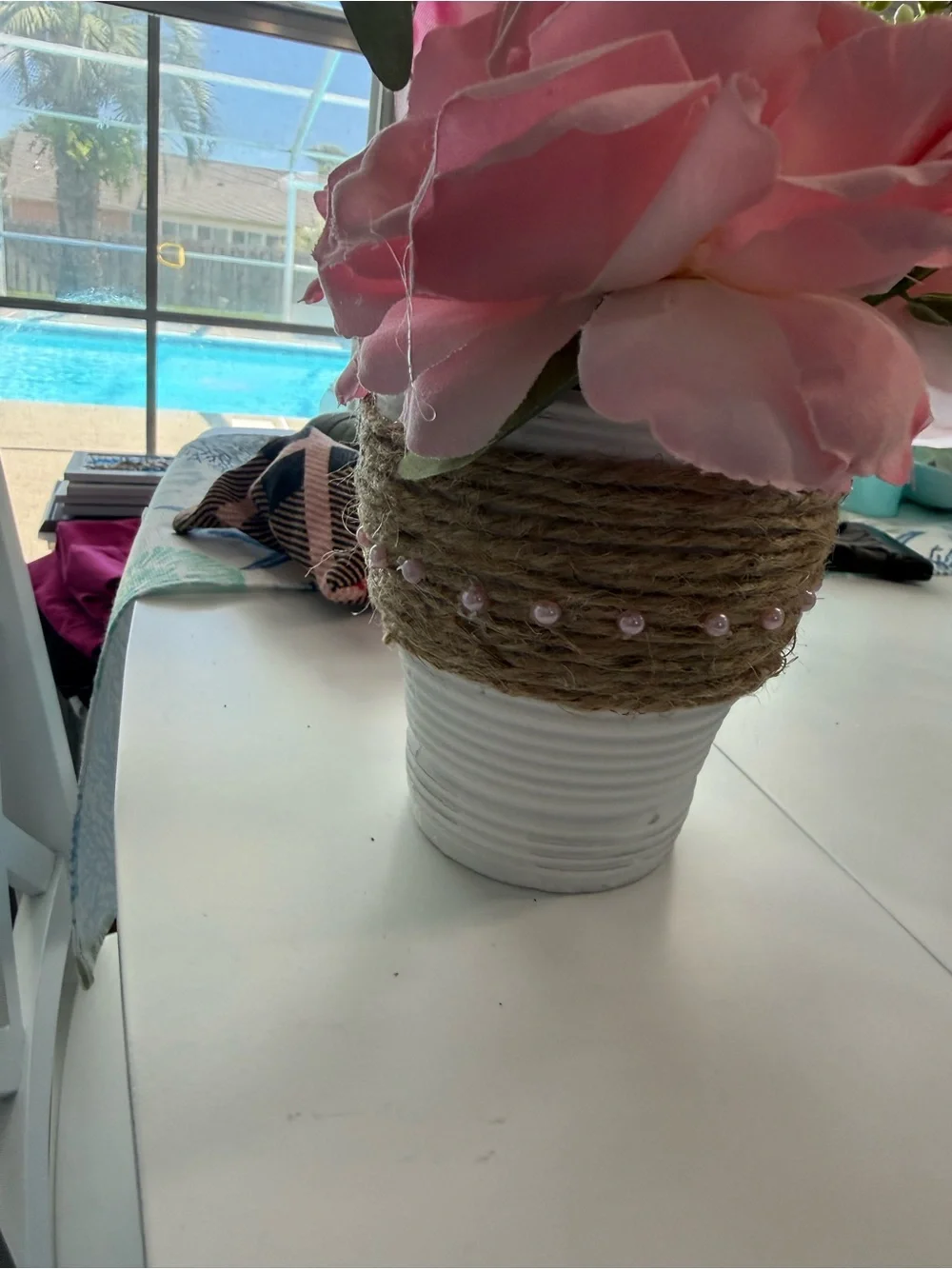 Decorative Pink Faux Peony Floral Arrangement in a beachy pot